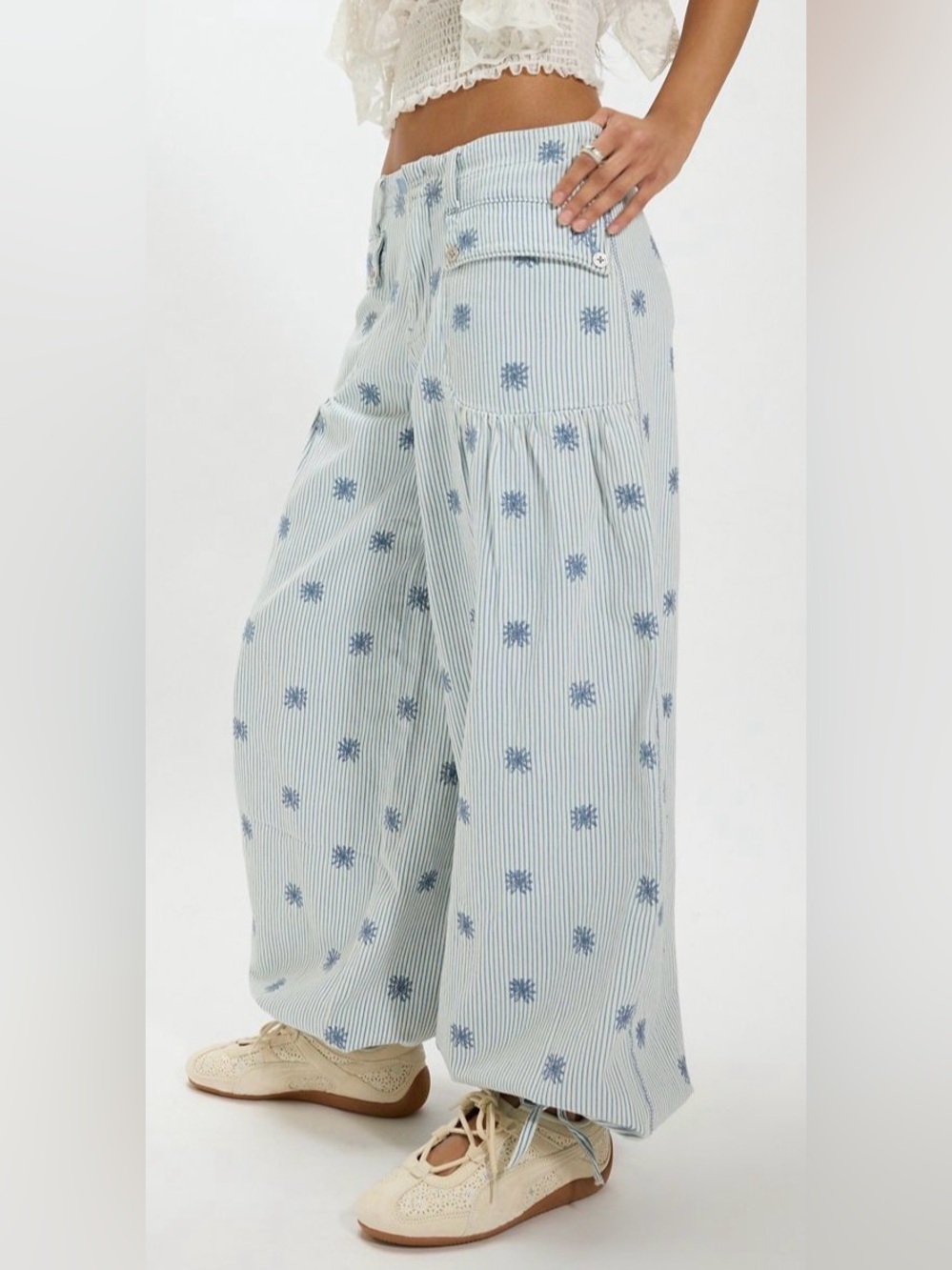Free People We the Free Lotus Embroidered Railroad Balloon Leg Jeans